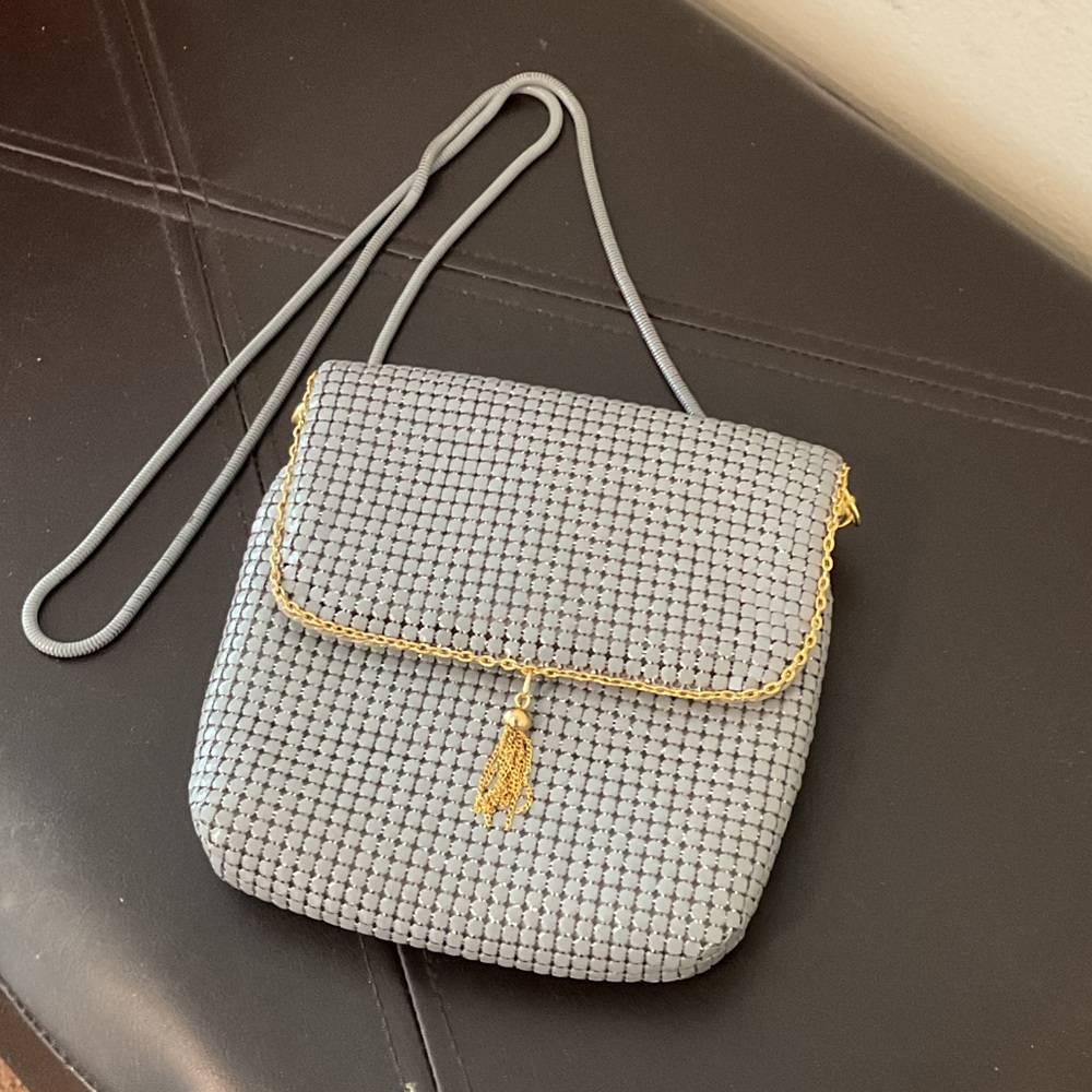 Vintage Mesh Gray Shoulder Bag with Gold Accents